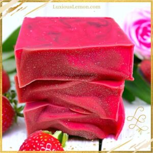 Strawberry Rose Goat’s Milk Bar Soap by Luxious Lemon – artisan cold-process soap with a swirl design, infused with Bulgarian rose and geranium essential oils, and made with nourishing goat milk. Handmade in Payson, Arizona.