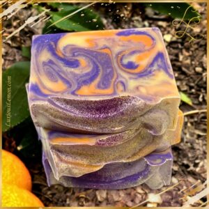 Luxious Lemon Patchouli Orange Goat’s Milk Bar Soap – handcrafted cold-process soap bar with earthy patchouli and bright orange essential oils, made in Payson, Arizona, and packaged in a colorful organza bag.