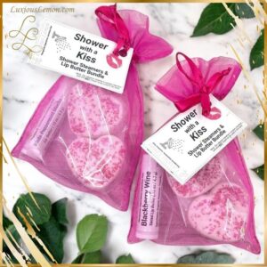Luxious Lemon’s ‘Shower and a Kiss’ Bundle featuring a shower steamer and lip butter, elegantly packaged together.