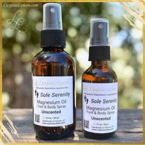 Luxious Lemon Magnesium Spray in amber glass bottle with fine mist sprayer, ideal for natural relaxation, tired legs, and muscle recovery support.