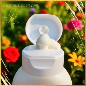 An open squeeze bottle dispensing a swirl of rich, creamy lotion, set against a lush summer floral background. The packaging is sleek and minimal, highlighting the luxurious texture of the Lotion Soufflé. The image features a subtle gold decorative border with ‘LuxiousLemon.com’ elegantly displayed in the top corner.