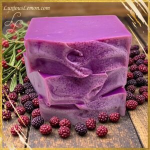 Mulberry Mistletoe Goat’s Milk Bar Soap with festive holiday scent of mulberry, pomegranate, rose, eucalyptus, pine, and amber. Brightly designed bar soap perfect for seasonal gifting and cozy winter skincare.