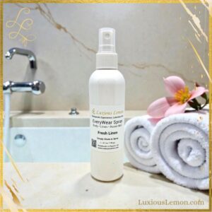Freshen up with Luxious Lemon EveryWear Spray in Fresh Linen— a handcrafted, clean-ingredient mist for body, linens, and rooms.